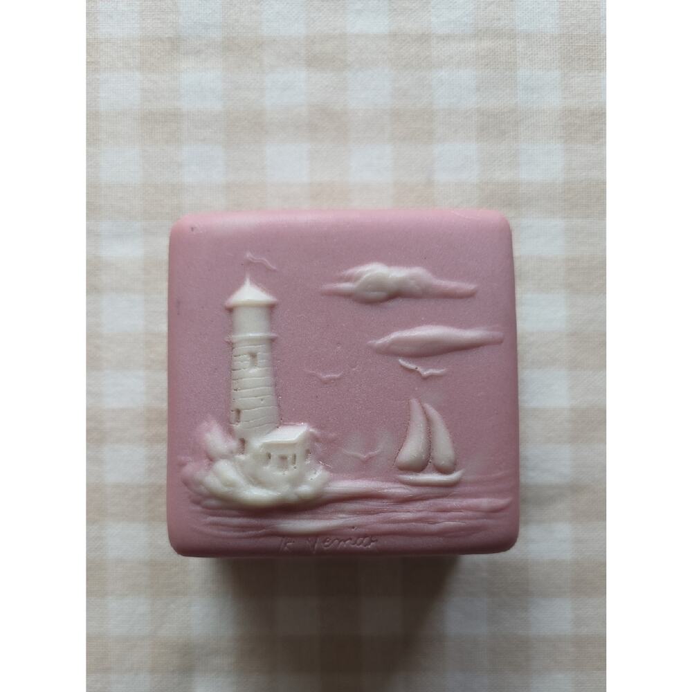Vintage Nemith Pink Nautical Incolay Soap Bar Lighthouse Relief 80s Trinket Box